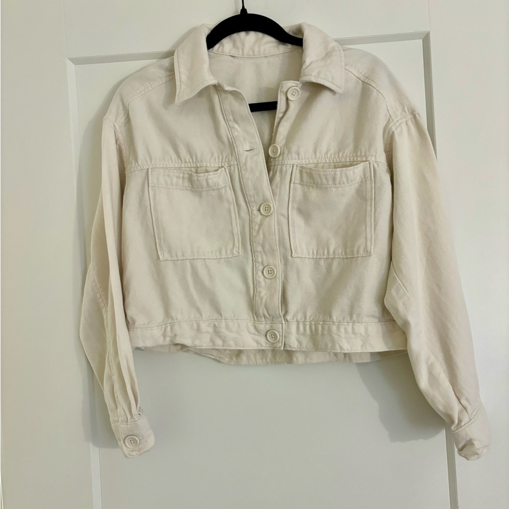 Cream Cropped Denim Jacket